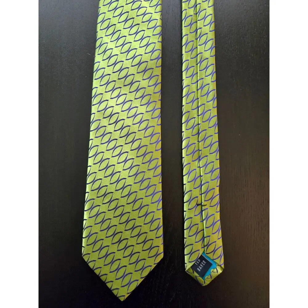 Ted Baker Men's Silk Geometric Print Neck Tie Green Blue Diagonal Chartreuse